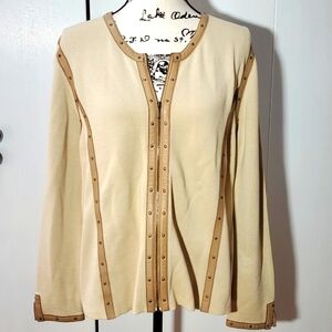 Sigrid Olsen- Womens Cream Silk & Leather Trimmed Cardigan Coat Sz.Large